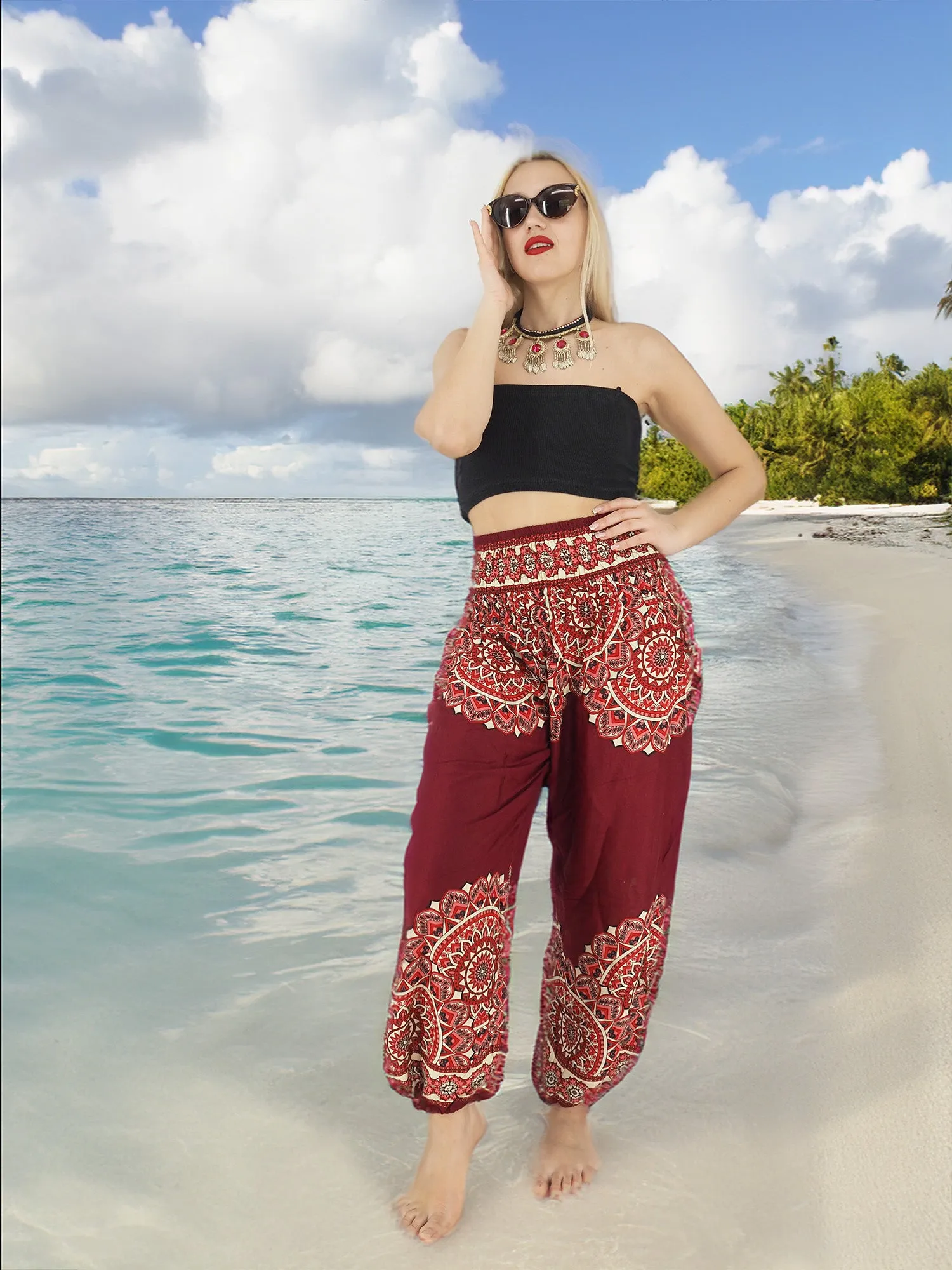 Unisex Harem Yoga Hippie Boho Pants in Dark Red With Mandala Print L-XL