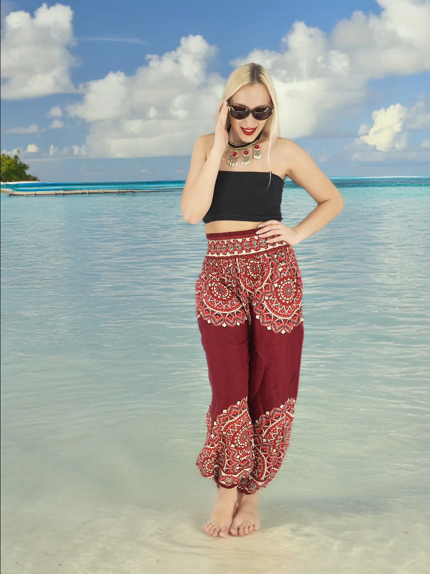 Unisex Harem Yoga Hippie Boho Pants in Dark Red With Mandala Print L-XL