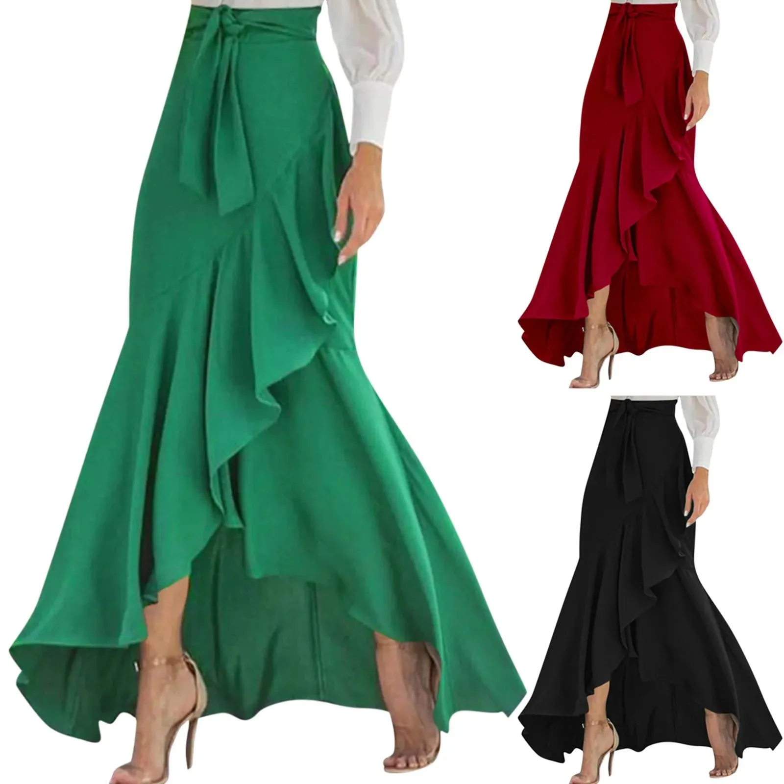 Uniwim Women'S High Waist Skirt Ruffle Hem Skirt Back Waist Elastic Mermaid Skirt Prom Party Maxi Dress Faldas