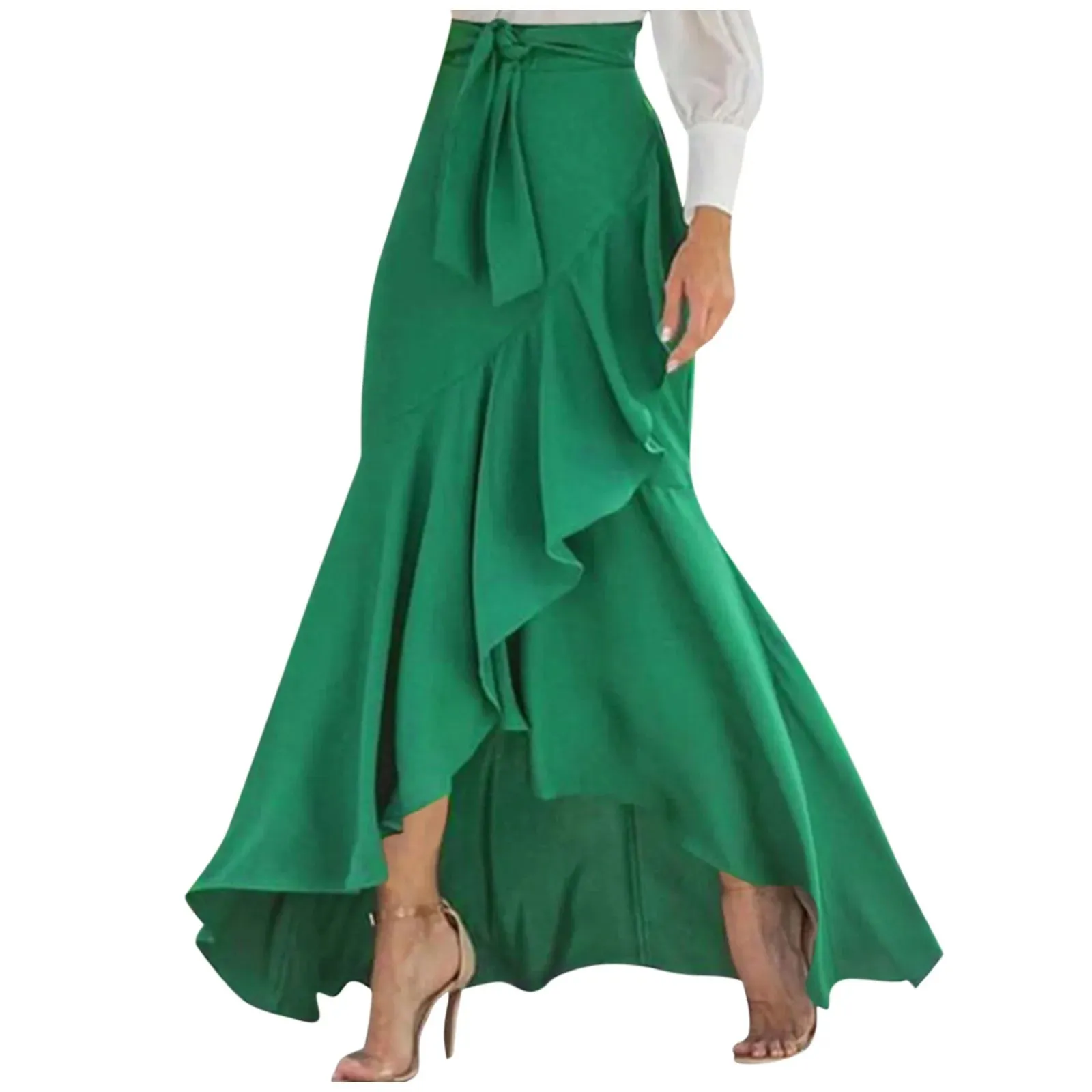 Uniwim Women'S High Waist Skirt Ruffle Hem Skirt Back Waist Elastic Mermaid Skirt Prom Party Maxi Dress Faldas