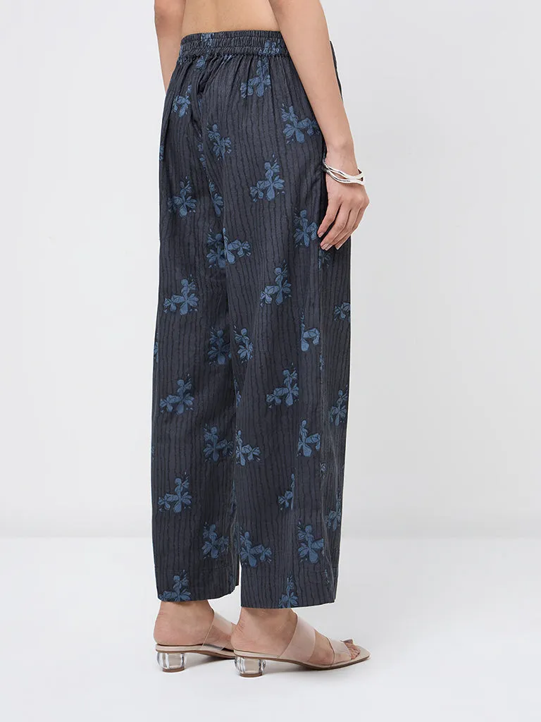 Utsa Indigo Floral Printed High-Rise Cotton Ethnic Pants