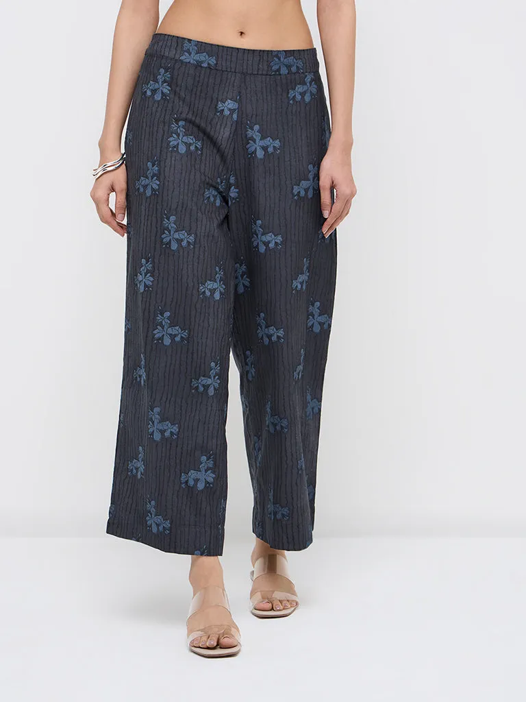 Utsa Indigo Floral Printed High-Rise Cotton Ethnic Pants