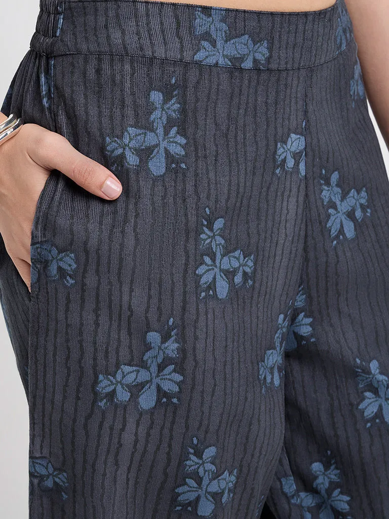 Utsa Indigo Floral Printed High-Rise Cotton Ethnic Pants