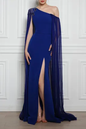 Vega One-Shoulder Mermaid Dress with Silk Chiffon Cape In Sapphire