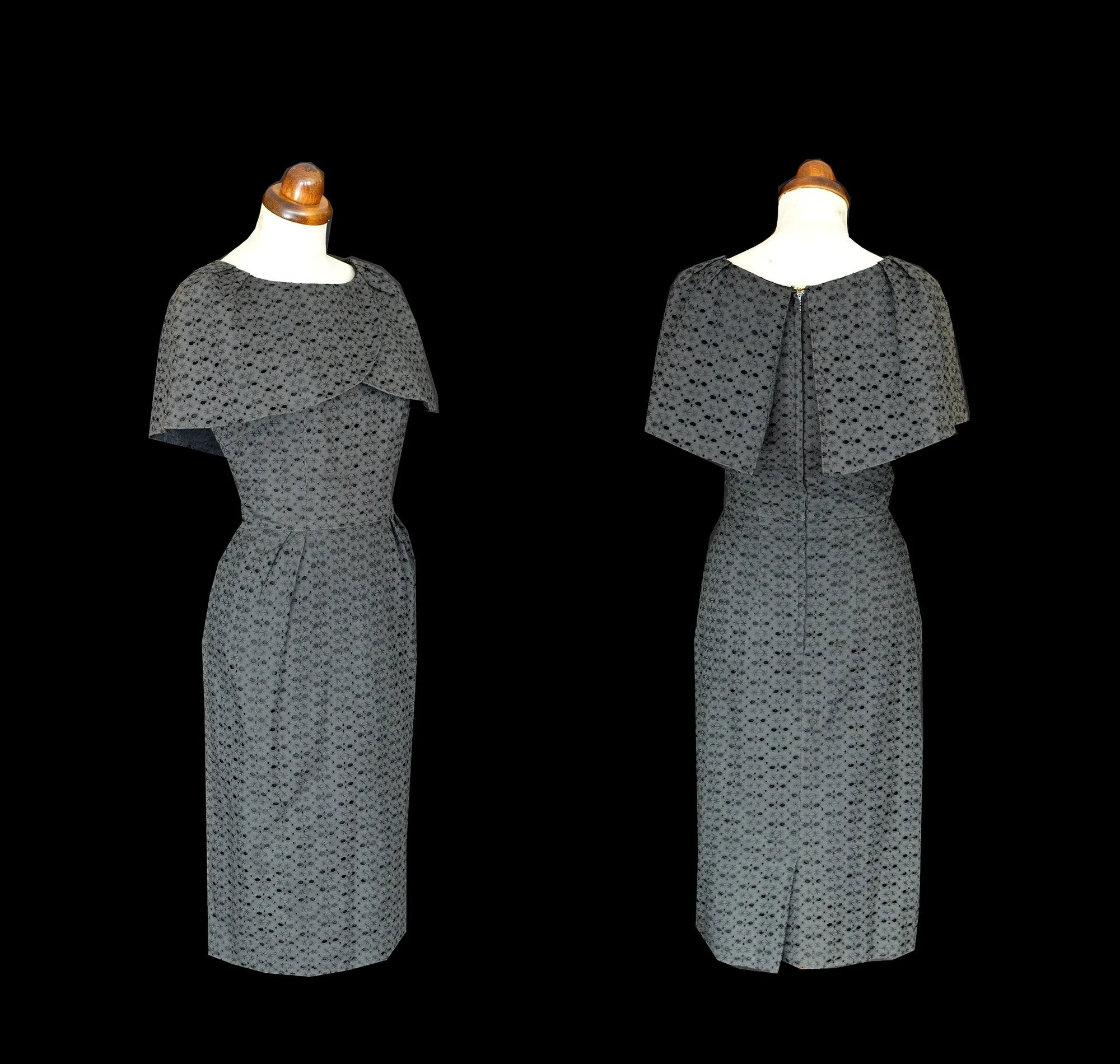 Vintage 1950s Broderie Anglaise Grey Cape Wiggle Dress