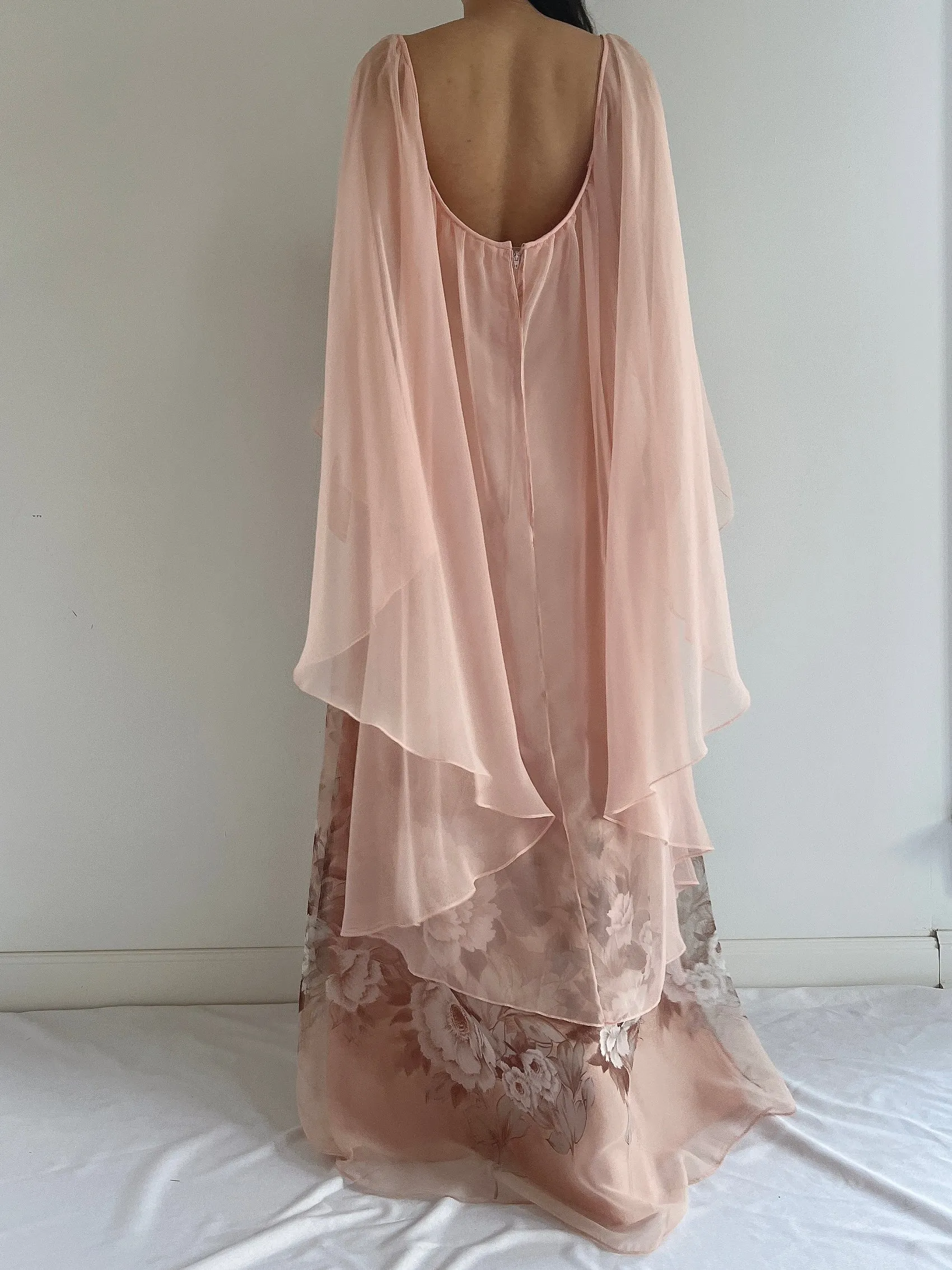 Vintage Chiffon Floral Cape Gown - OSFM