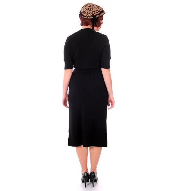 Vintage Goldworm Knit Dress 100% Wool Form Fitting LBD Pencil Skirt Late 1940s