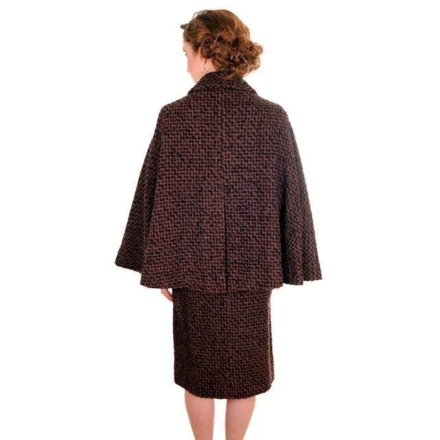 Vintage Ladies Suit Brown & Black Boucle Cape Jacket Pencil Skirt 1950s Small