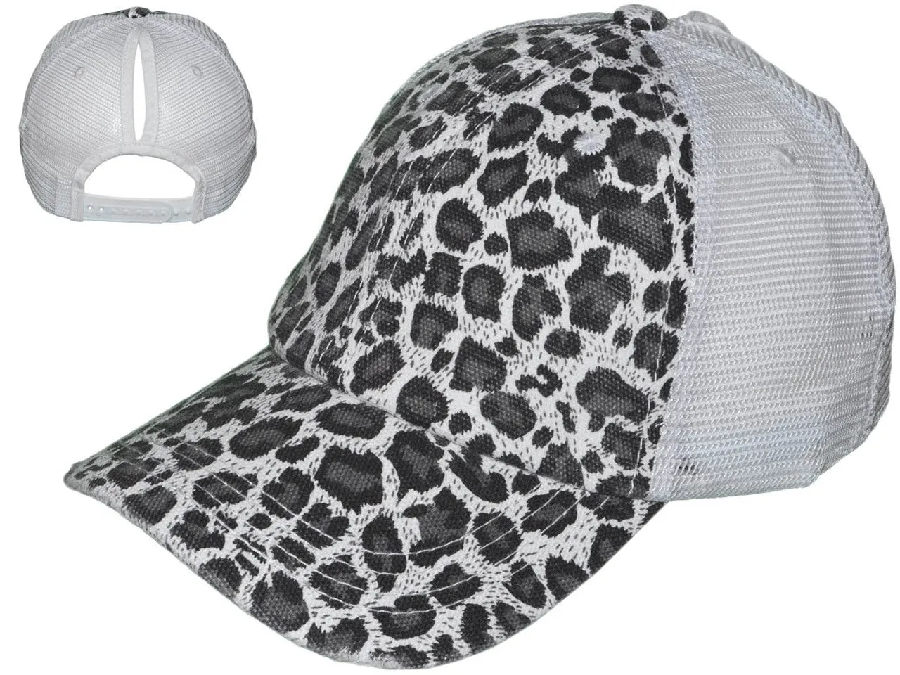 WHITE LEOPARD PONYTAIL TRUCKER HATS - SOFT UNSTRUCTURED