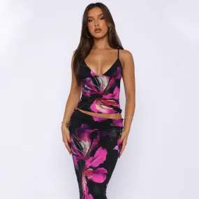 Women Clothing Summer Printed Sexy V neck Vest Slim Skirt Set