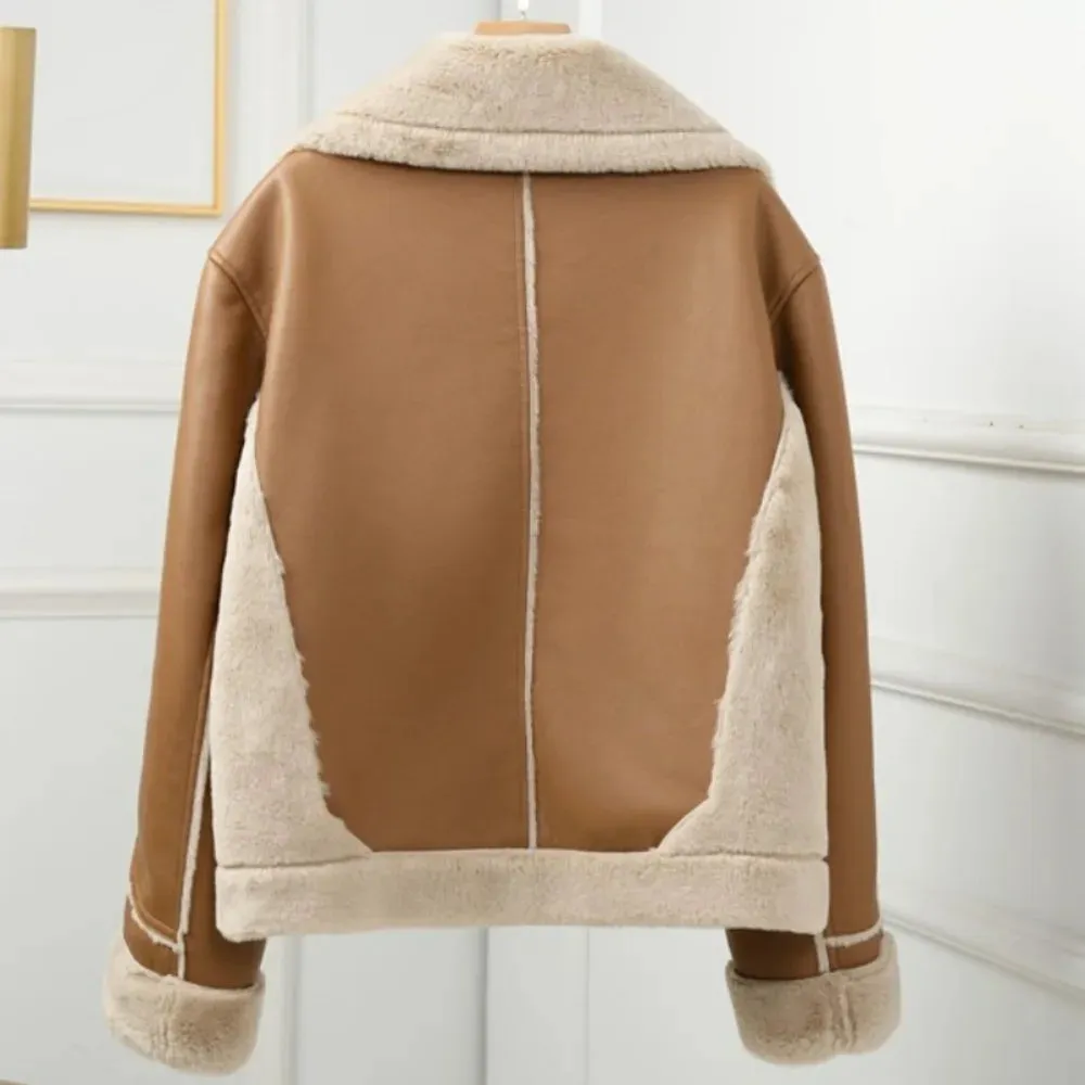 Women Faux Leather Shearling-Lined Aviator Jacket for Winter Layering