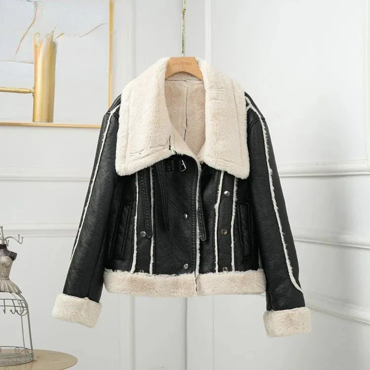 Women Faux Leather Shearling-Lined Aviator Jacket for Winter Layering