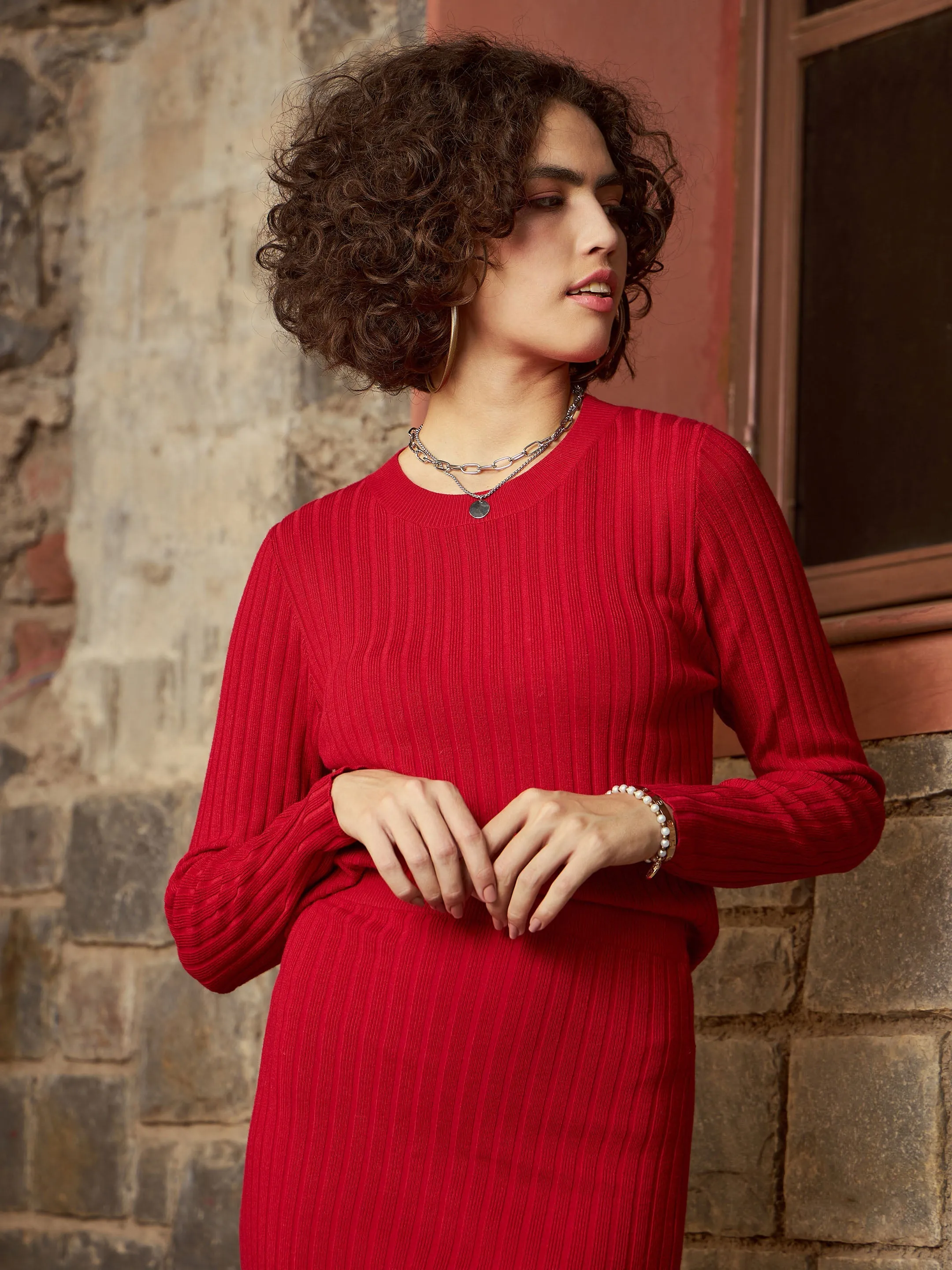 Women Red Rib Sweater With Pencil Skirt