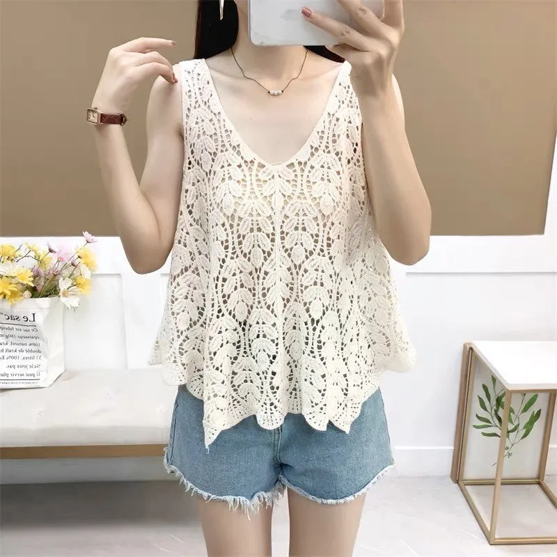 Women Sleeveless Tank Top Crochet Boho Camisole Summer Cover Up Vest Shirt Leaf A Line