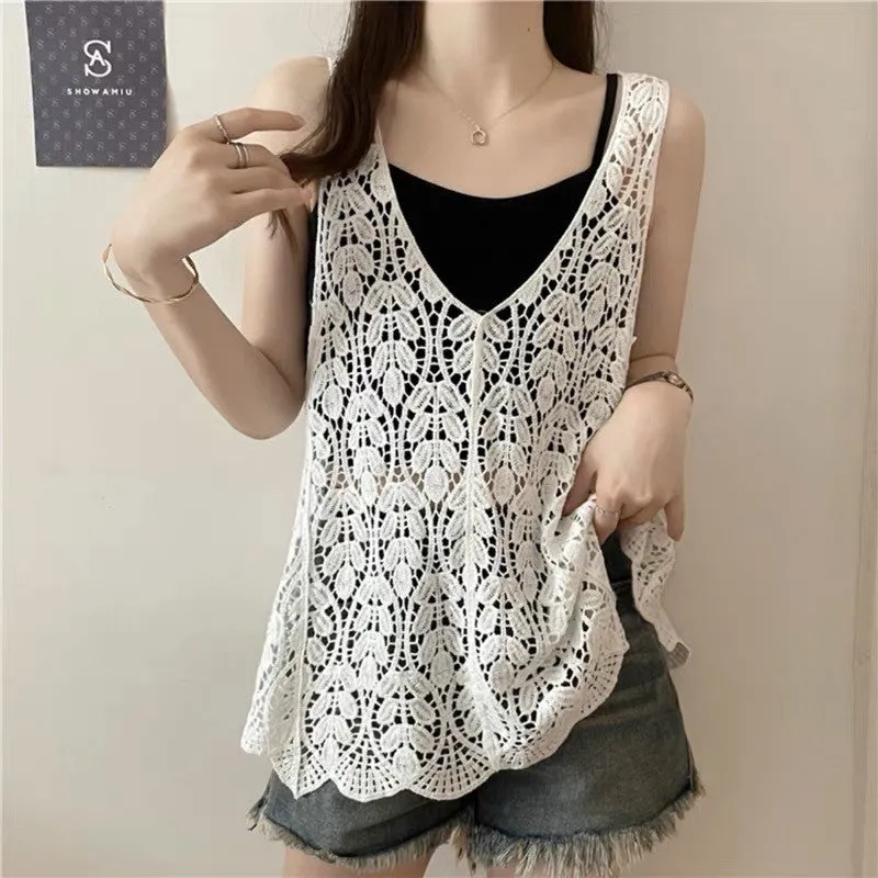 Women Sleeveless Tank Top Crochet Boho Camisole Summer Cover Up Vest Shirt Leaf A Line