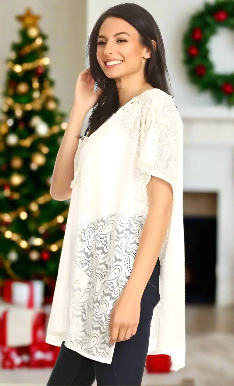 Womens Paisley Lace Top, Elegant Christmas Kimono, Swim Cover, One Size, Black or White