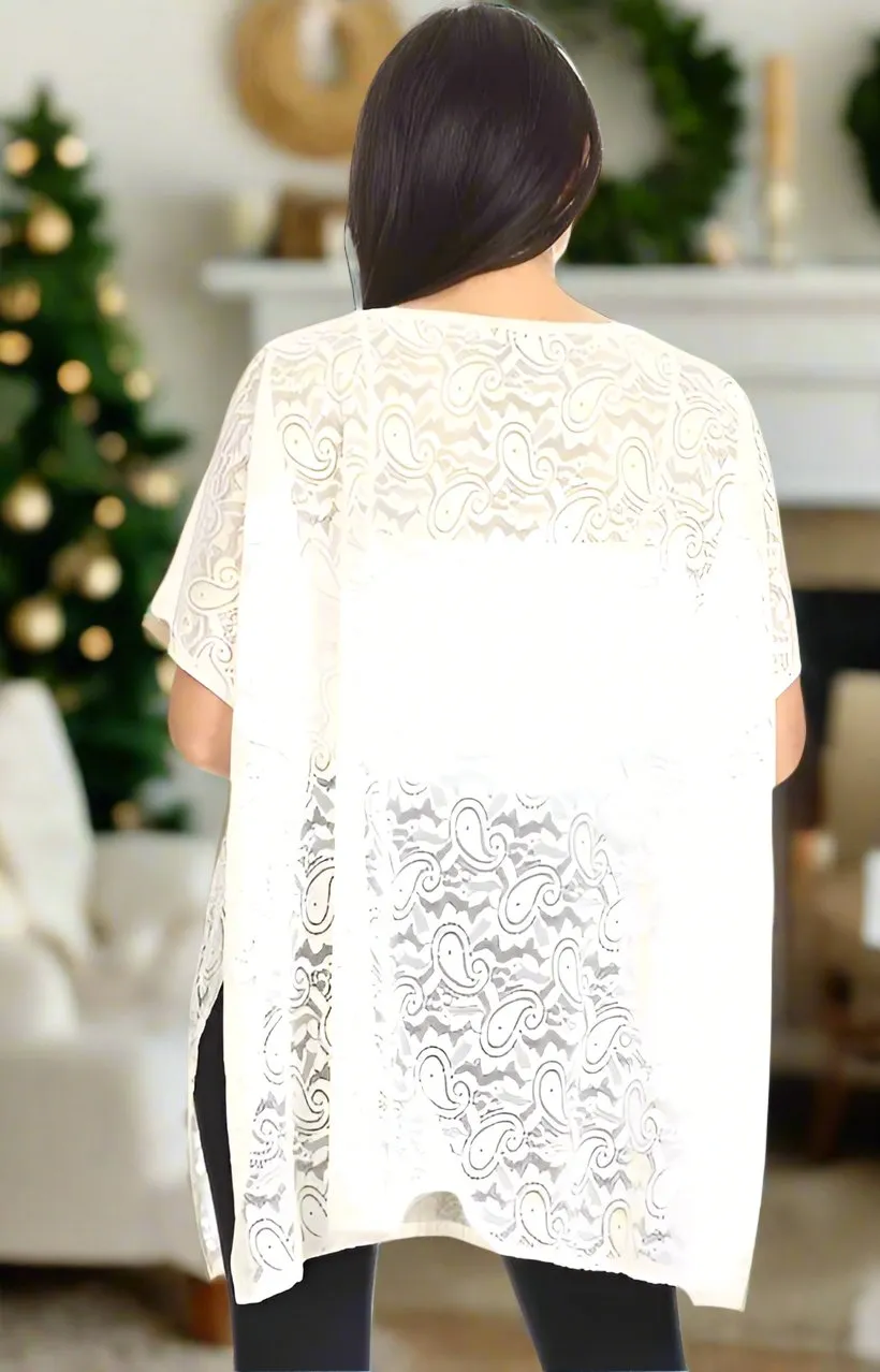 Womens Paisley Lace Top, Elegant Christmas Kimono, Swim Cover, One Size, Black or White