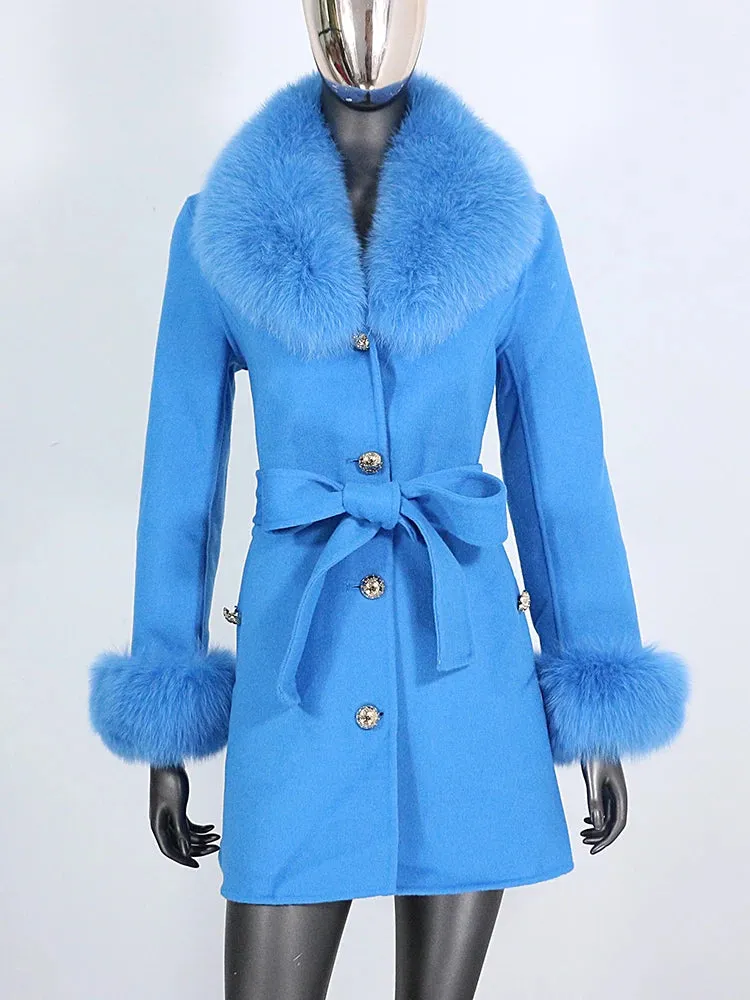 Women's Shawl Collar Fox Fur Wool & Cashmere Coat