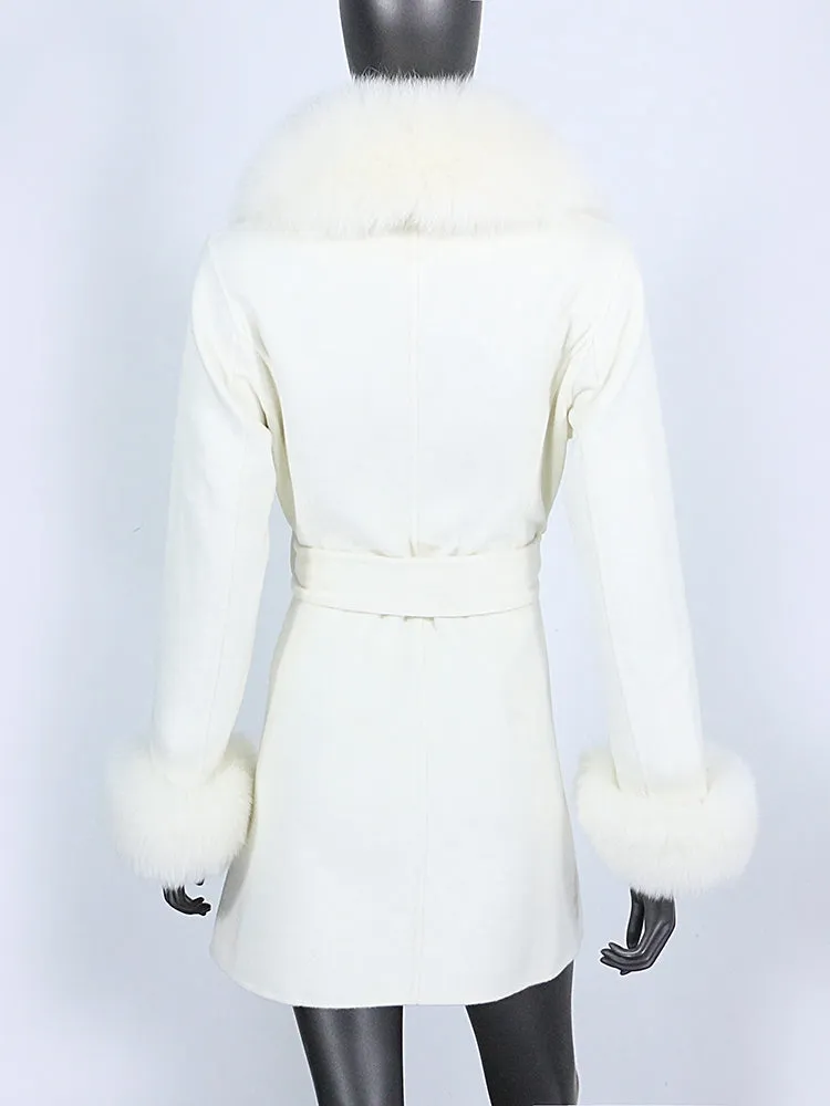 Women's Shawl Collar Fox Fur Wool & Cashmere Coat