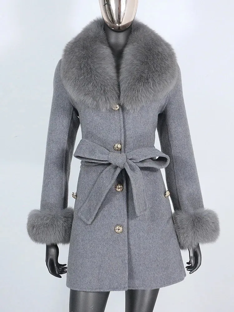 Women's Shawl Collar Fox Fur Wool & Cashmere Coat