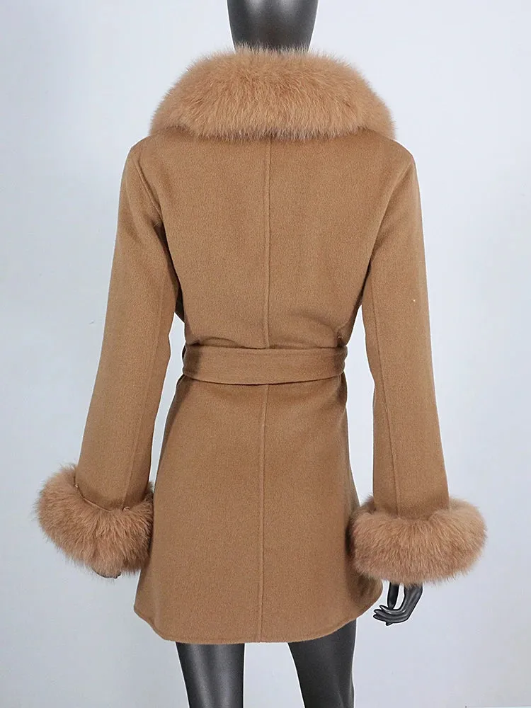 Women's Shawl Collar Fox Fur Wool & Cashmere Coat