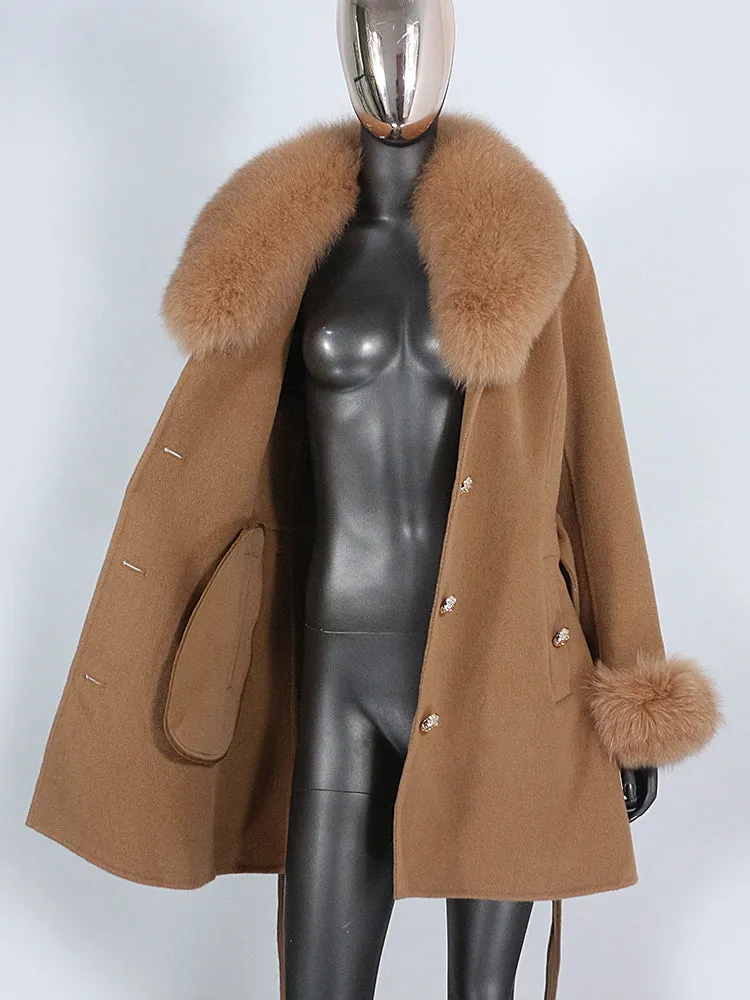 Women's Shawl Collar Fox Fur Wool & Cashmere Coat