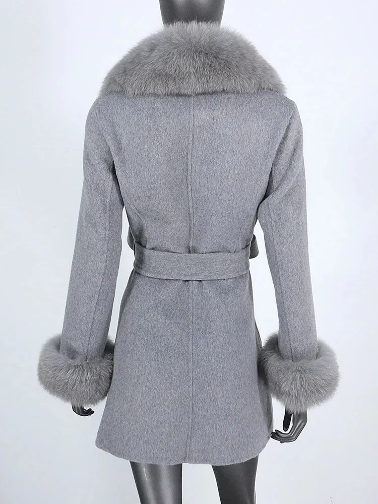 Women's Shawl Collar Fox Fur Wool & Cashmere Coat