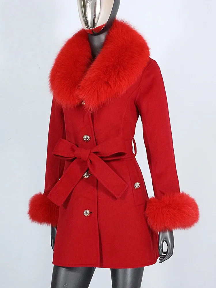 Women's Shawl Collar Fox Fur Wool & Cashmere Coat