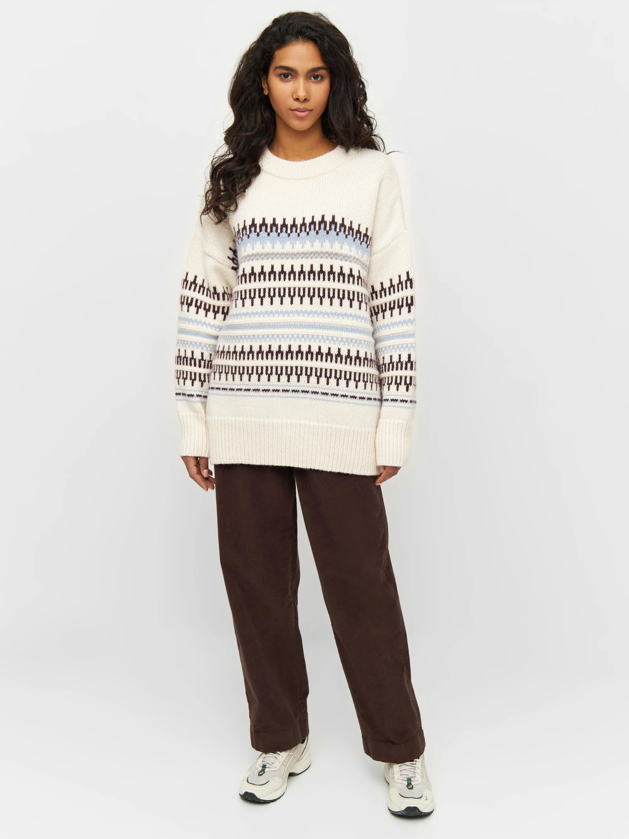 Wool pattern boxy crew neck - White stripe