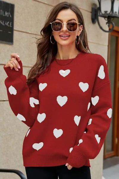 Woven Right Heart Pattern Lantern Sleeve Round Neck Tunic Sweater