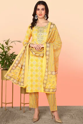 Yellow Pure Cotton Geometric Printed Yoke Design Suit Set