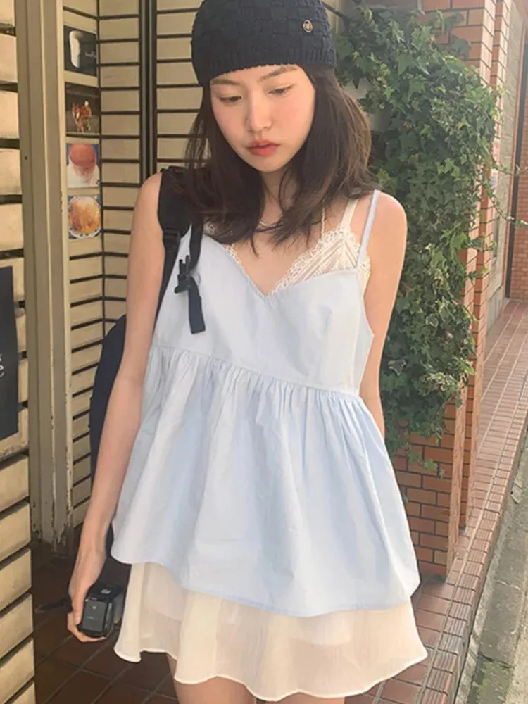 YESMYTOOL  -  2024 Summer Girl Loose Y2k Aesthetic Tanks Harajuku Slim Waist Tunic Pleated Camisole Streetwear Zipper Grunge Tank Top Women